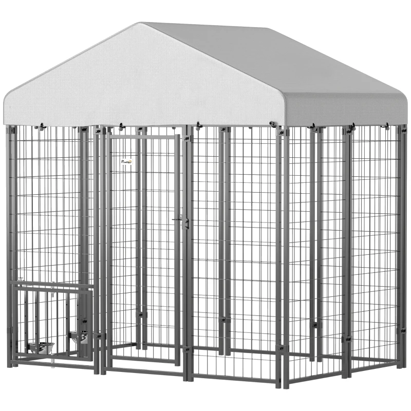 PawHut Outdoor Dog Kennel with Waterproof UV-Resistant Cover, Rotating & 4-Level Adjustable Feeding Bowls, 5.9 x 4 x 6 ft