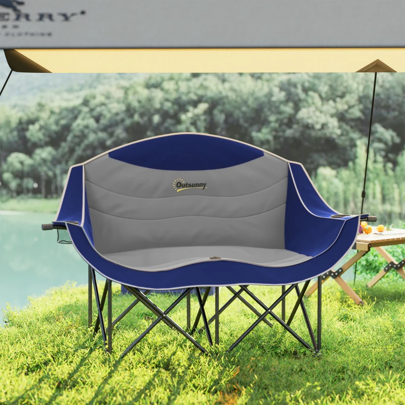 Outsunny Padded Folding Camp Chair for Adults, Double Camping Chair with Armrests, Cup Holders, Carry Bag for Outdoor, Blue