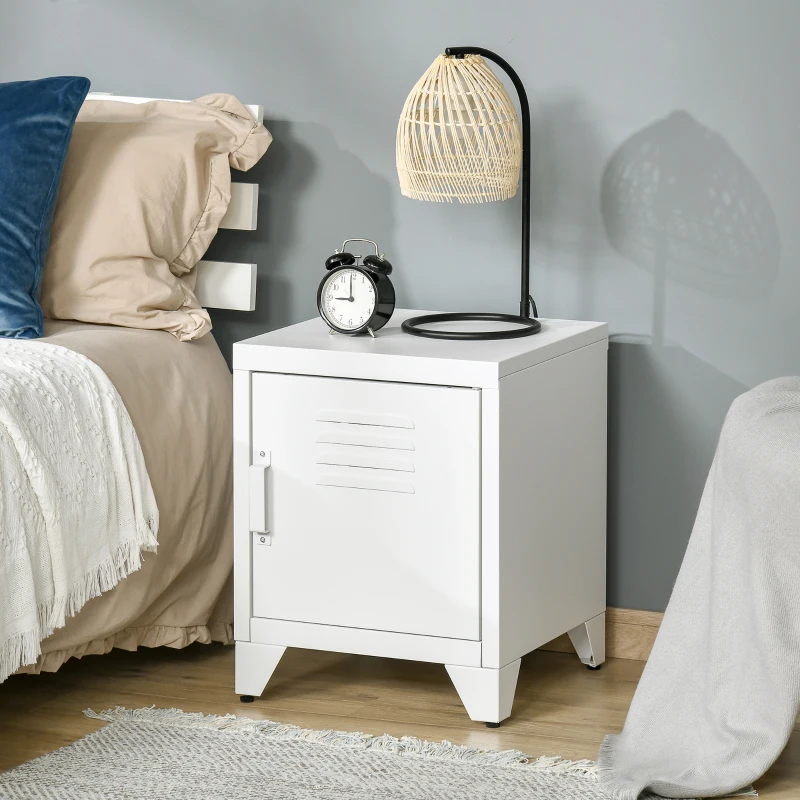 HOMCOM Industrial End Table, Living Room Side Table with Locker-Style Door and Adjustable Shelf, White