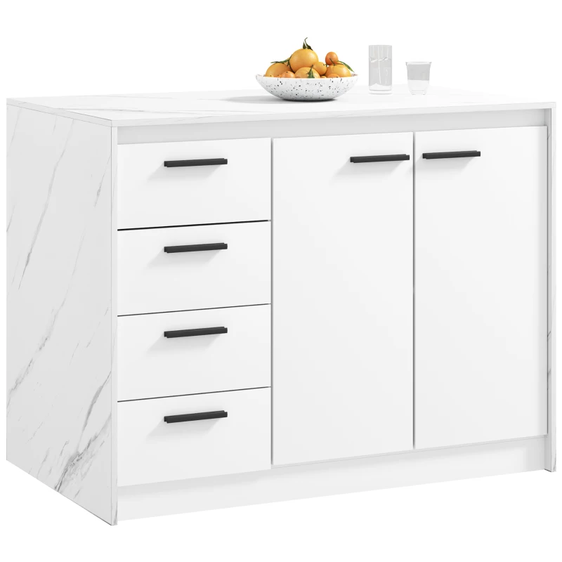 HOMCOM Kitchen Island with Storage Cabinet, 4 Drawers and Adjustable Shelf for Dining Room, Faux Marble Effect and White