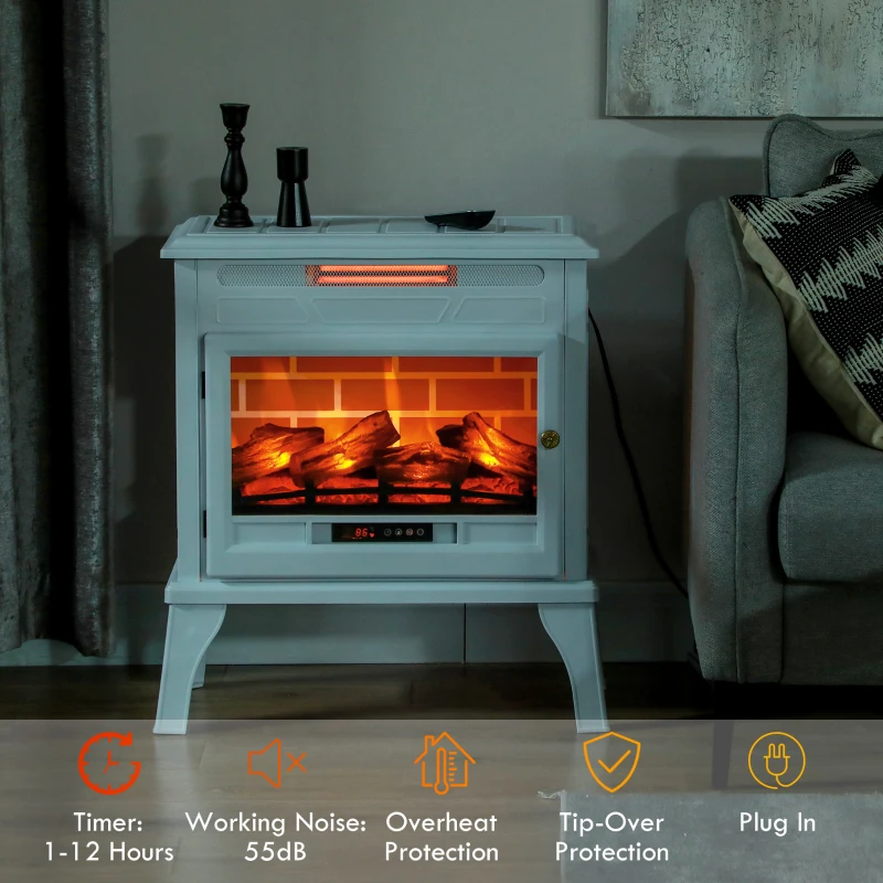 HOMCOM 24" Electric Fireplace Stove, 1000W/1500W Freestanding Fireplace Heater with Overheat Protection, Remote Control, White