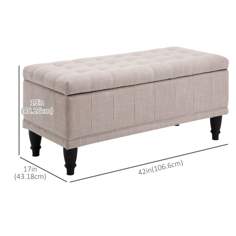 HOMCOM Storage Ottoman, Linen Fabric End of Bed Bench with Soft Close Lid, Button Tufted Storage Bench for Living Room, Entryway or Bedroom, 42" x 17" x 19", Beige