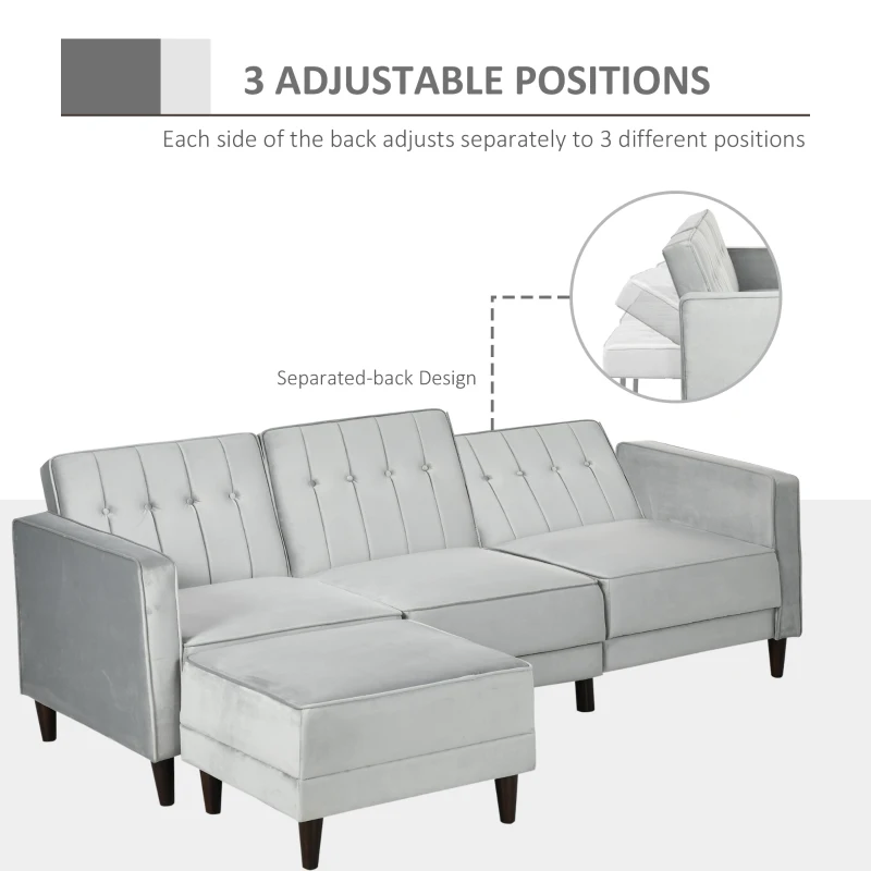 HOMCOM Upholstered L-Shaped Sofa Bed, Reversible Sectional Recliner Sofa Set, Velvet-Feel Sleeper Futon with Footstool, Grey