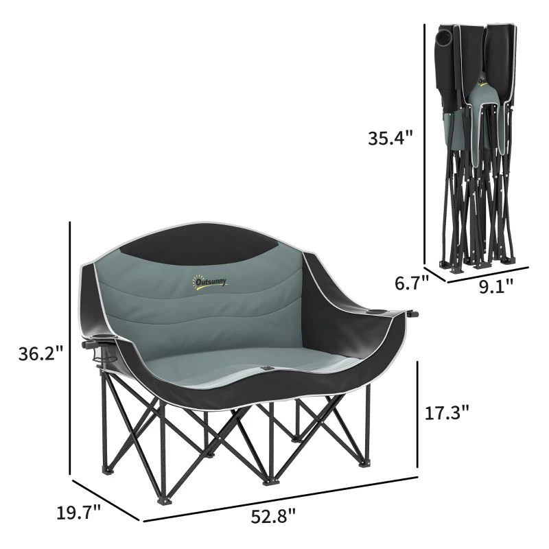 Outsunny Padded Folding Camp Chair for Adults, Double Camping Chair with Armrests, Cup Holders, Carry Bag for Outdoor, Black