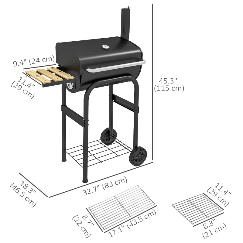 Outsunny Charcoal Barbecue Grill, BBQ with Thermometer, Shelves and Wheels, Black