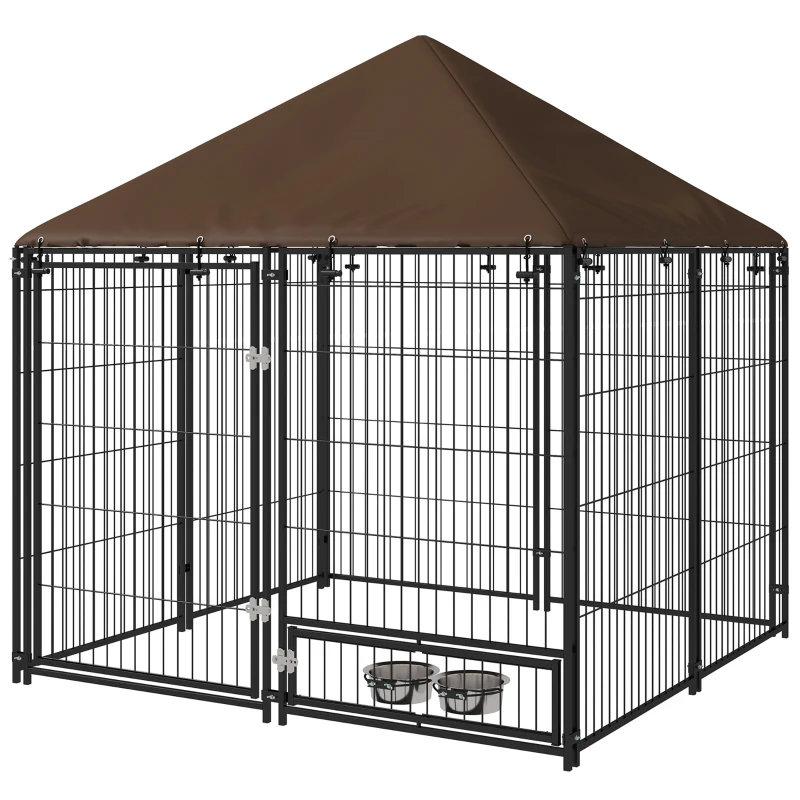 PawHut 4.6' x 4.6' x 5' Outdoor Dog Kennel with Canopy, Rotating Bowls, Coffee
