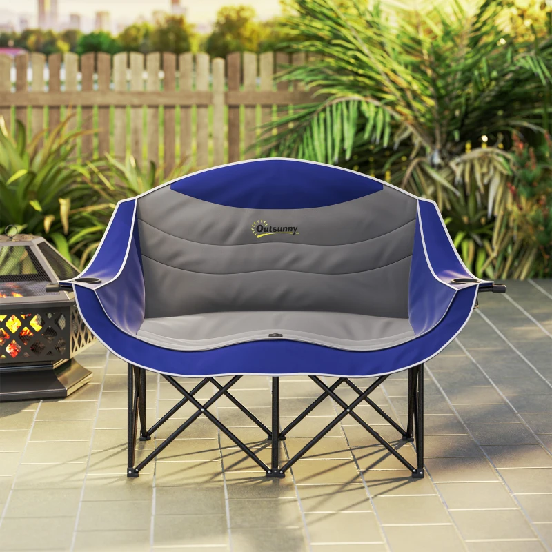 Outsunny Padded Folding Camp Chair for Adults, Double Camping Chair with Armrests, Cup Holders, Carry Bag for Outdoor, Blue
