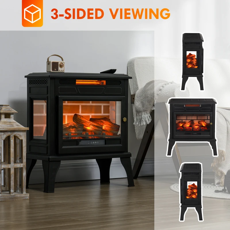 HOMCOM 24" Electric Fireplace Stove, 1000W/1500W Freestanding Fireplace Heater with Overheat Protection, Remote Control, Black