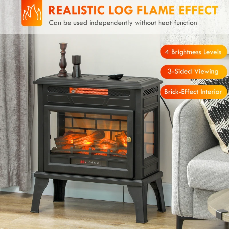 HOMCOM 24" Electric Fireplace Stove, 1000W/1500W Freestanding Fireplace Heater with Overheat Protection, Remote Control, Black