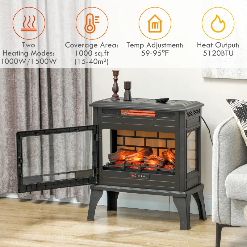 HOMCOM 24" Electric Fireplace Stove, 1000W/1500W Freestanding Fireplace Heater with Overheat Protection, Remote Control, Black