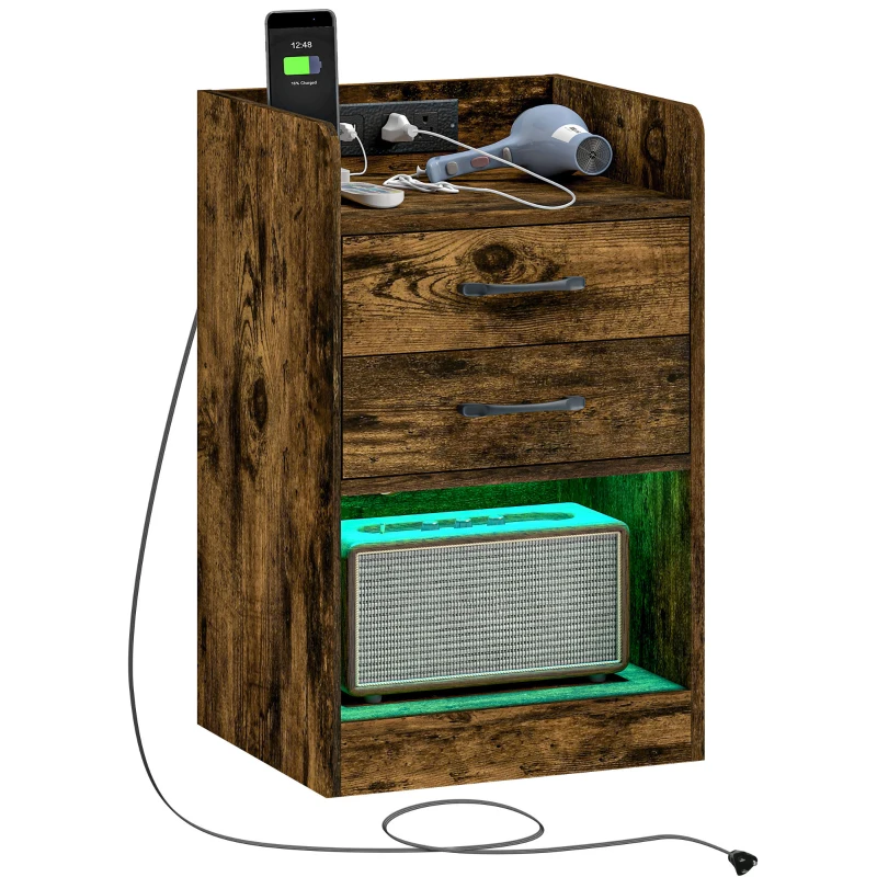 HOMCOM Tall Nightstand with Charging Station and LED Lights, Small Bedside Table with AC Outlets, USB Ports, 2 Drawers, Shelf