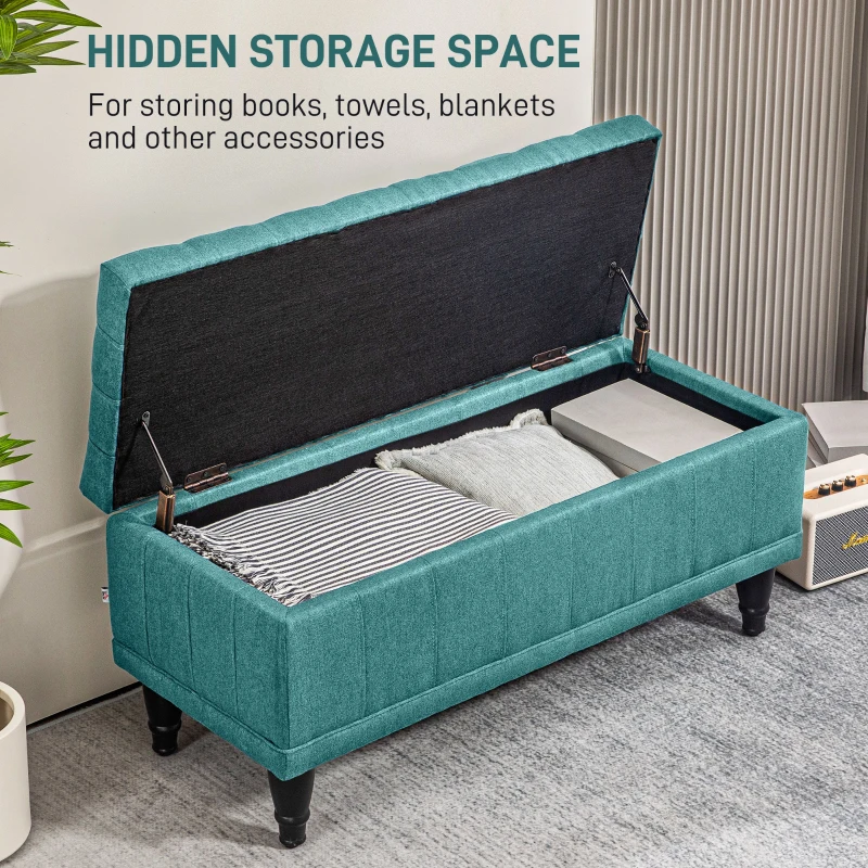 HOMCOM Storage Ottoman, Linen Fabric End of Bed Bench with Button Tufted Storage Bench for Bedroom, Green