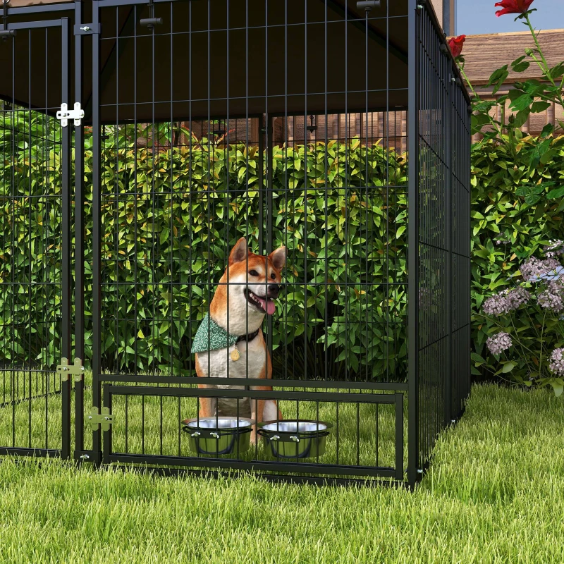 PawHut 4.6' x 4.6' x 5' Outdoor Dog Kennel with Canopy, Rotating Bowls, Coffee