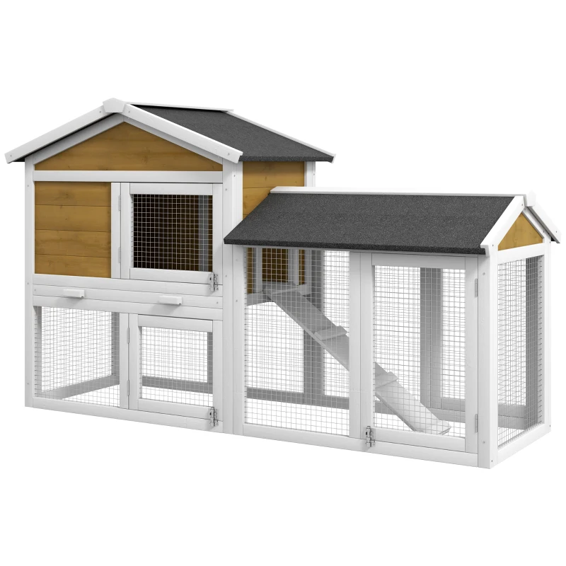 PawHut 58" Wooden Rabbit Hutch with Run, Removable Tray, Asphalt Roof,  Lockable Doors and Ramp, Nature Wood