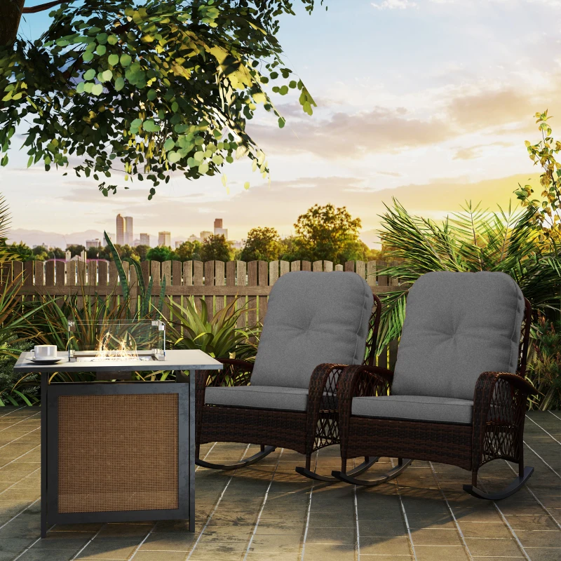 Outsunny Outdoor Wicker Rattan Rocking Chair Set of 2, Patio Rocker with Thick Cushions for Garden Backyard Porch, Grey
