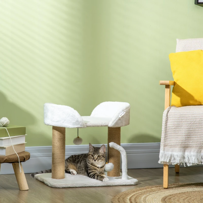PawHut Cat Tower Condo for Indoor Cats, Small Cat Tree with Jute Scratching Posts, Top Perch, Dangling Balls, White