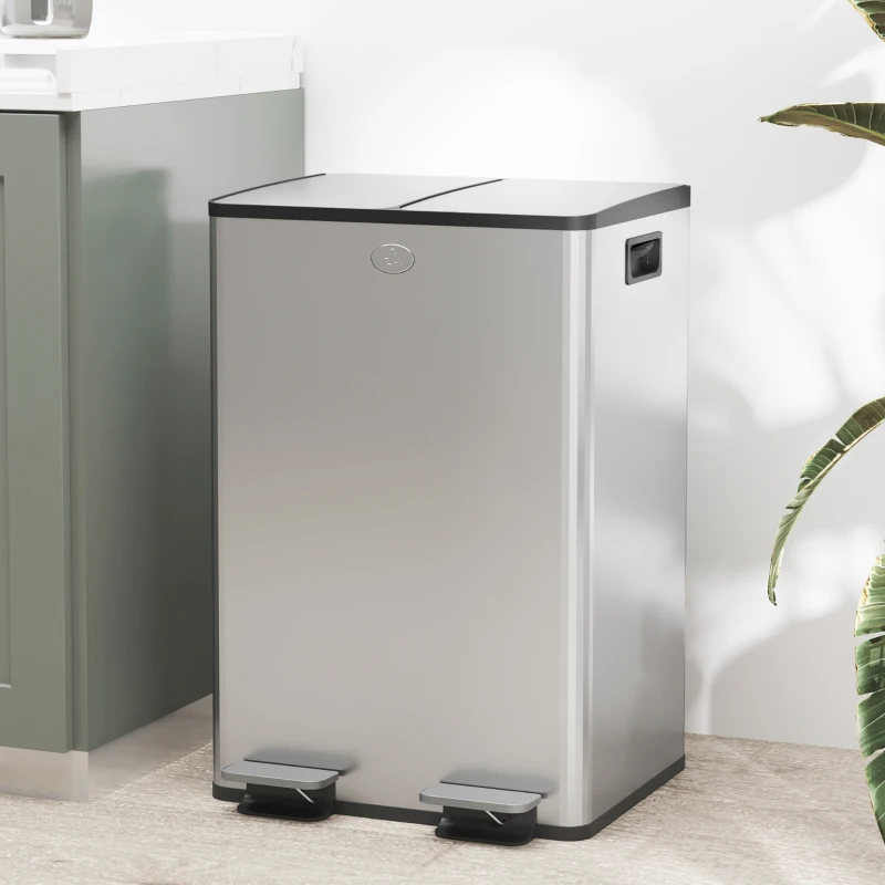 HOMCOM Dual Garbage Bin with Foot Pedal - 2 x 28 Litre Garbage Can with Removable Inner Buckets, Silver