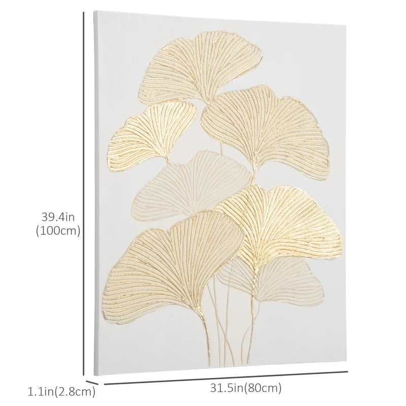 HOMCOM Hand-Painted Canvas Wall Art for Living Room Bedroom, Painting Gold Ginkgo Leaves, 39.25" x 31.5"