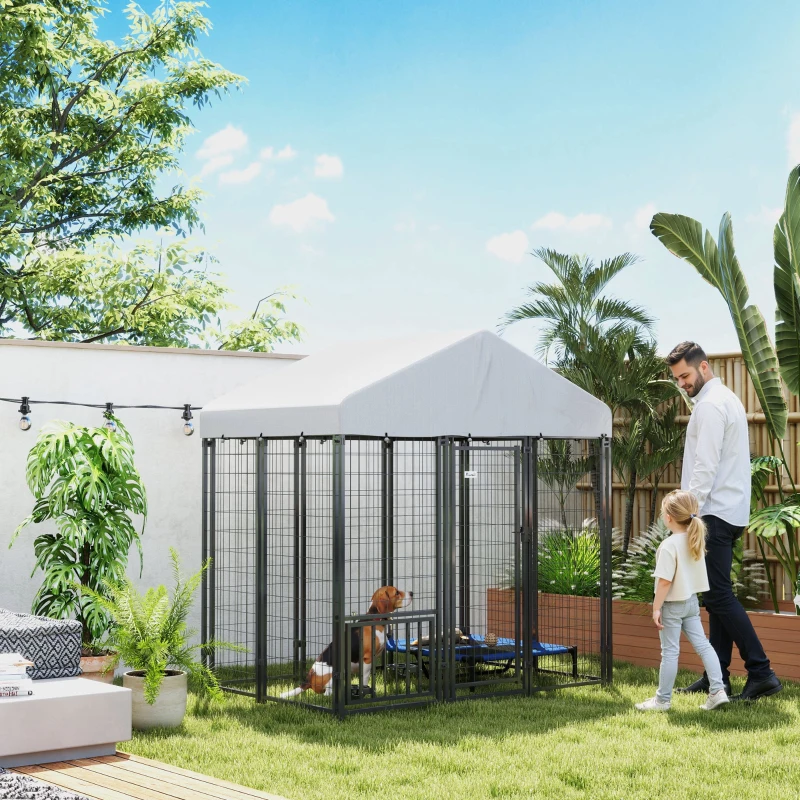 PawHut 5.9' x 4' x 6' Outdoor Dog Kennel with Roof, Rotating & 4-Level Adjustable Bowls