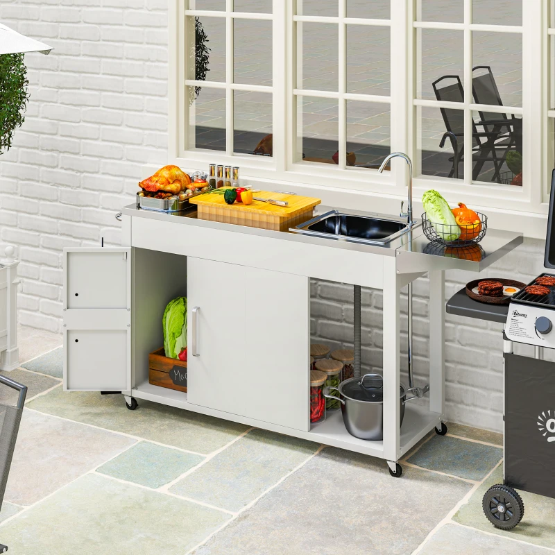 Outsunny Outdoor Grill Table with Stainless Steel Sink and Drainage, Grill Cart with Foldable Side Table and Cabinet, Outdoor Kitchen Island with Wheels, White