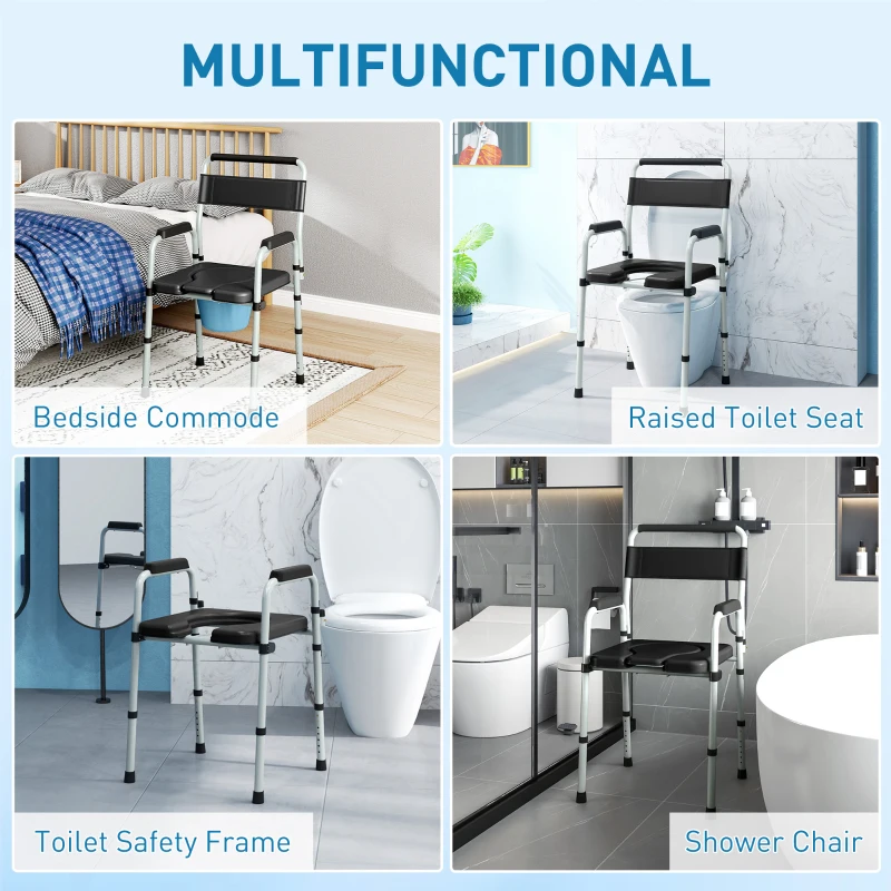 HOMCOM Bedside Commode Chair for Seniors, Adults, Handicap, Raised Toilet Seat with Arm, Adjustable Height, 331 lbs, Black