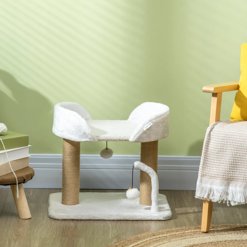 PawHut Cat Tower Condo for Indoor Cats, Small Cat Tree with Jute Scratching Posts, Top Perch, Dangling Balls, White