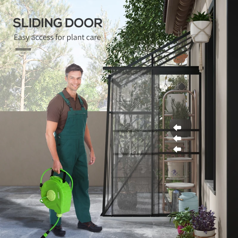 Outsunny 6' x 4' Walk-in Polycarbonate Greenhouse, Lean-to Aluminum Green House with Rain Gutter and Foundation, Black