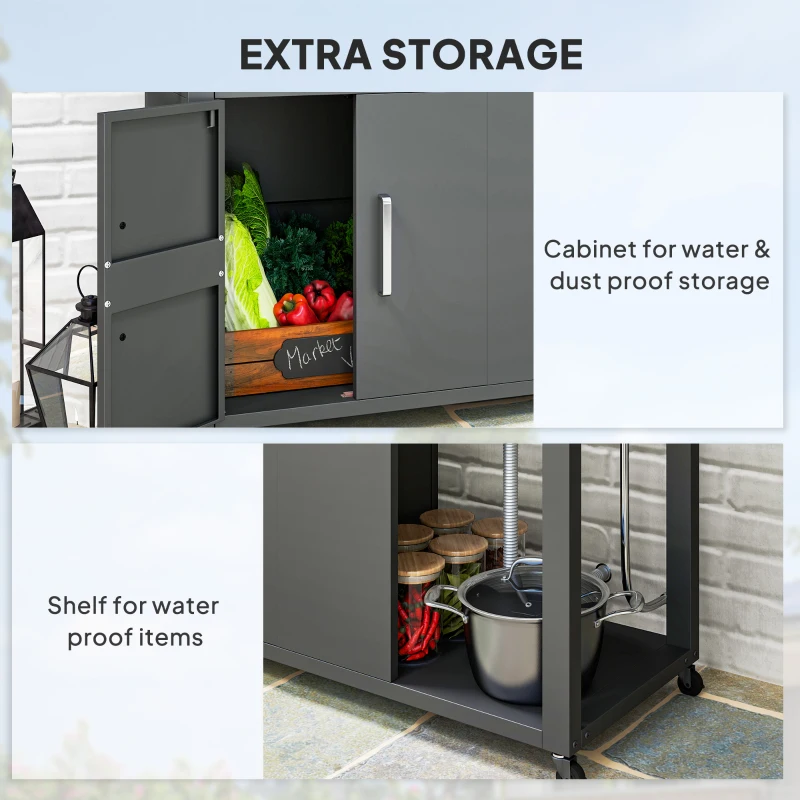 Outsunny Outdoor Grill Table with Stainless Steel Sink and Drainage, Grill Cart with Foldable Side Table and Cabinet, Outdoor Kitchen Island with Wheels, Dark Gray