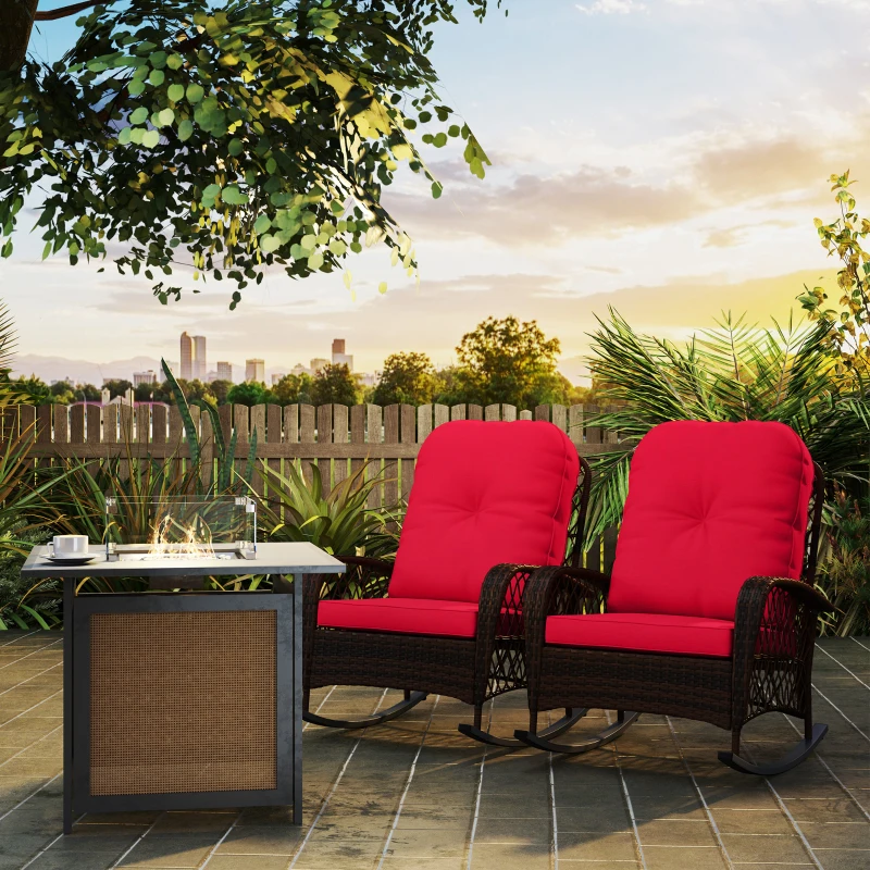 Outsunny Outdoor Wicker Rattan Rocking Chair Set of 2, Patio Rocker with Thick Cushions for Garden Backyard Porch, Red