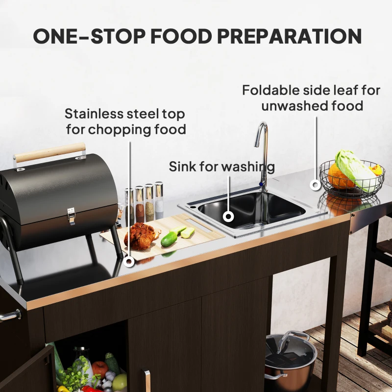Outsunny Outdoor Grill Table with Stainless Steel Sink and Drainage, Grill Cart with Foldable Side Table and Cabinet, Outdoor Kitchen Island with Wheels, Distressed Brown