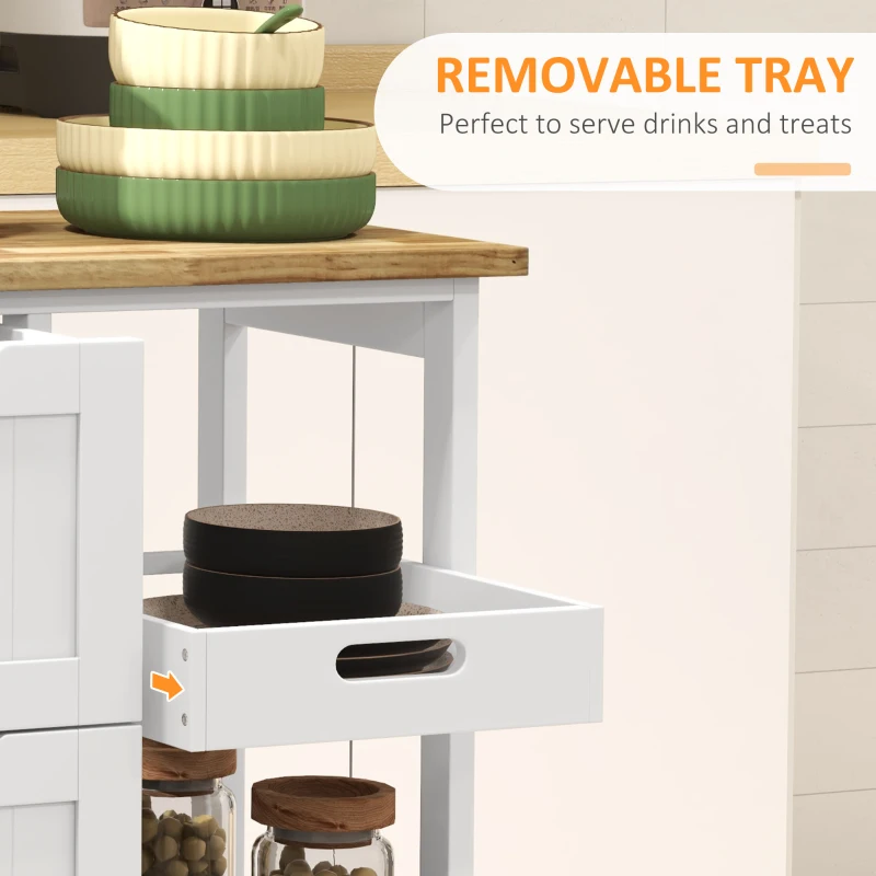 HOMCOM Rolling Kitchen Island Cart, Bar Serving Cart, Compact Trolley on Wheels with Wood Top, Shelves and Drawers (White)