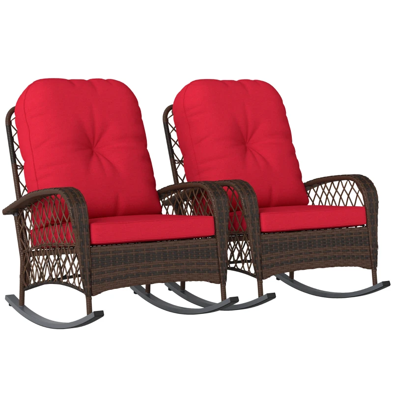 Outsunny Outdoor Wicker Rattan Rocking Chair Set of 2, Patio Rocker with Thick Cushions for Garden Backyard Porch, Red