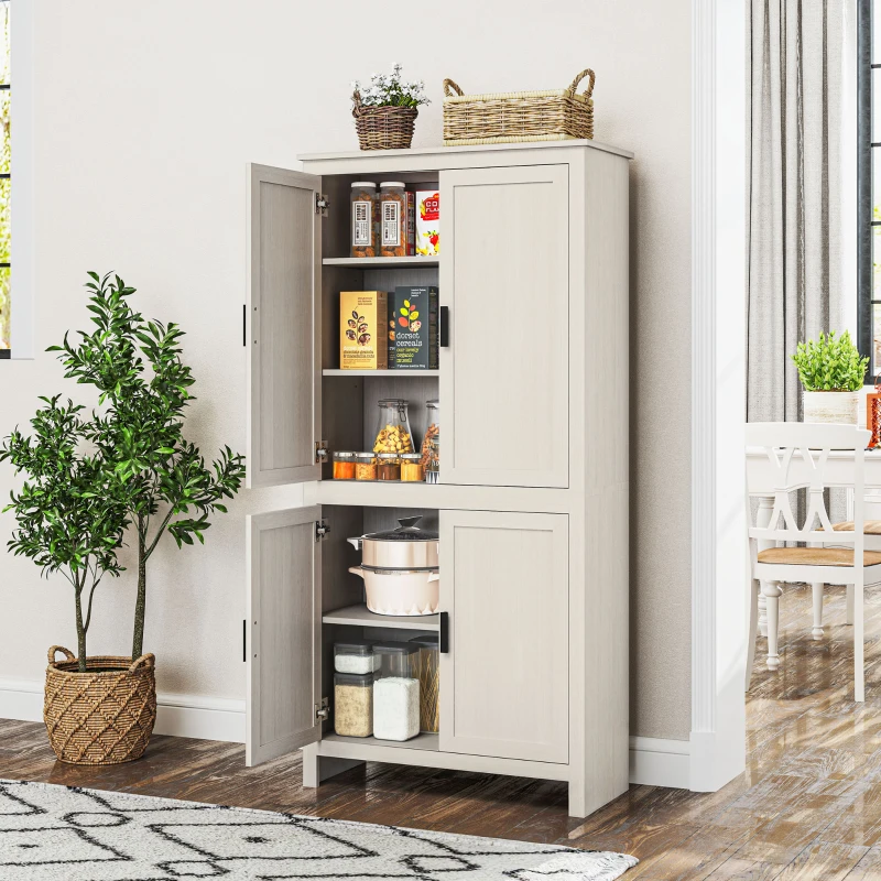 HOMCOM 64" 4-Door Kitchen Pantry, Freestanding Storage Cabinet with 3 Adjustable Shelves for Kitchen, Antique White