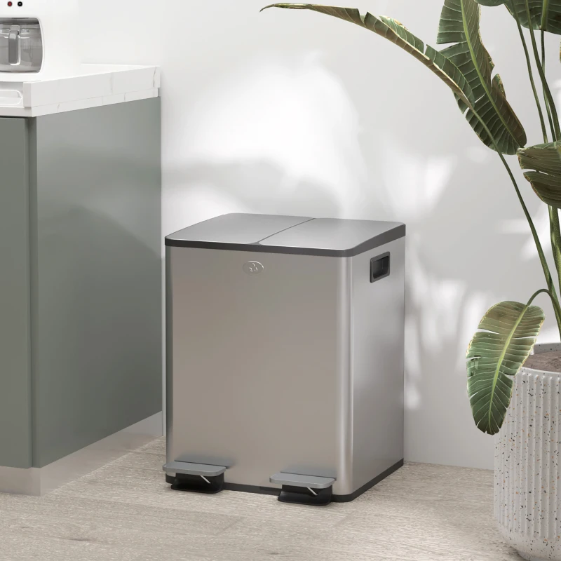 HOMCOM Dual Garbage Bin, Soft-Close Trash Can with Foot Pedal, 2 x 20 Liter Garbage Can with Removable Inner Buckets, Silver