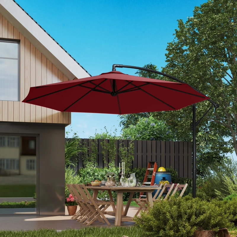 Outsunny 9.7ft Offset Patio Umbrella Garden Hanging Parasol Banana Cantilever Umbrella with Base, Crank, Wine Red