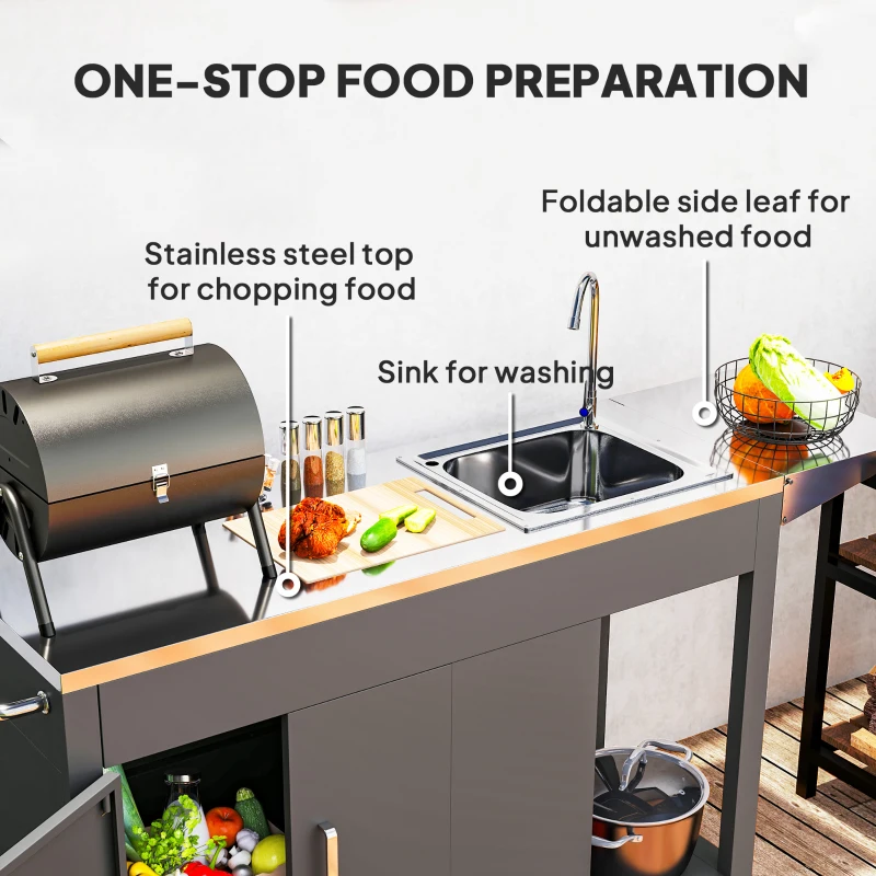 Outsunny Outdoor Grill Table with Stainless Steel Sink and Drainage, Grill Cart with Foldable Side Table and Cabinet, Outdoor Kitchen Island with Wheels, Dark Gray