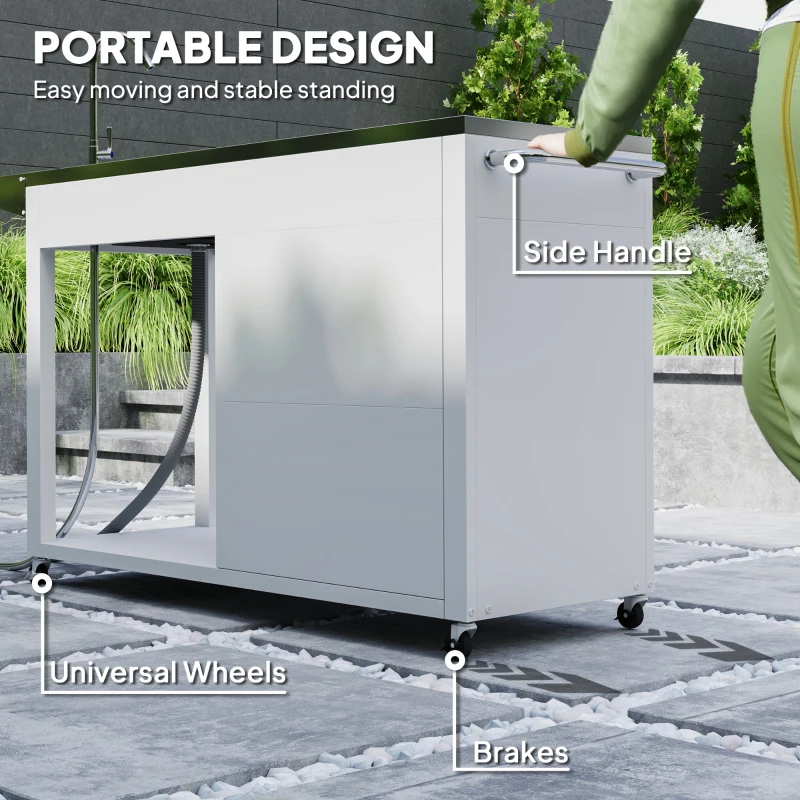 Outsunny Outdoor Grill Table with Stainless Steel Sink and Drainage, Grill Cart with Foldable Side Table and Cabinet, Outdoor Kitchen Island with Wheels, White