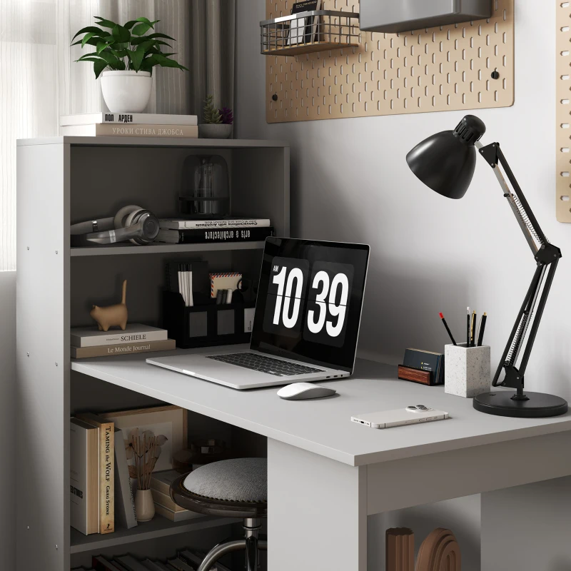HOMCOM Compact Computer Desk with 6-Tier Storage Shelves, Writing Table Workstation with Bookshelf for Home Office, Gray