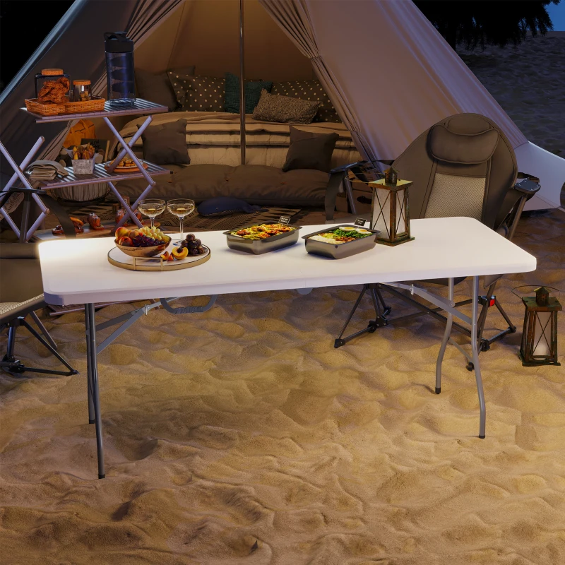Outsunny 6ft Folding Table, Portable Plastic Camping Table with Carrying Handle, Outdoor Indoor Picnic Table for Party, BBQ