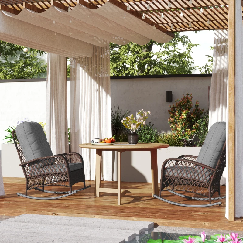 Outsunny Outdoor Wicker Rattan Rocking Chair Set of 2, Patio Rocker with Thick Cushions for Garden Backyard Porch, Grey