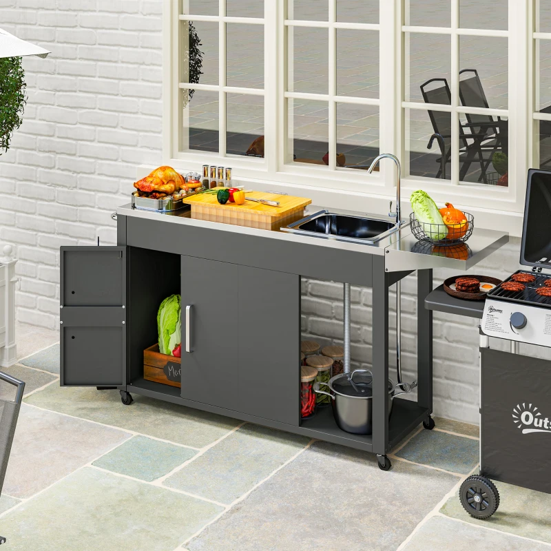 Outsunny Outdoor Grill Table with Stainless Steel Sink and Drainage, Grill Cart with Foldable Side Table and Cabinet, Outdoor Kitchen Island with Wheels, Dark Gray
