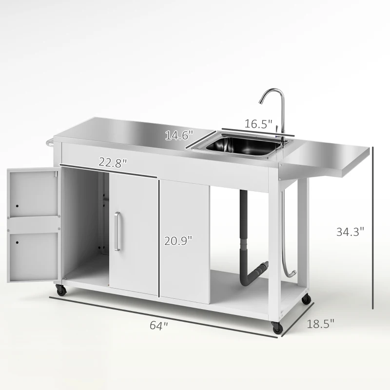 Outsunny Outdoor Grill Table with Stainless Steel Sink and Drainage, Grill Cart with Foldable Side Table and Cabinet, Outdoor Kitchen Island with Wheels, White