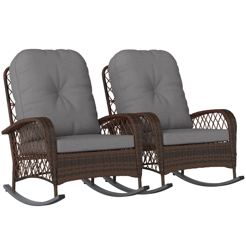 Outsunny Outdoor Wicker Rattan Rocking Chair Set of 2, Patio Rocker with Thick Cushions for Garden Backyard Porch, Grey