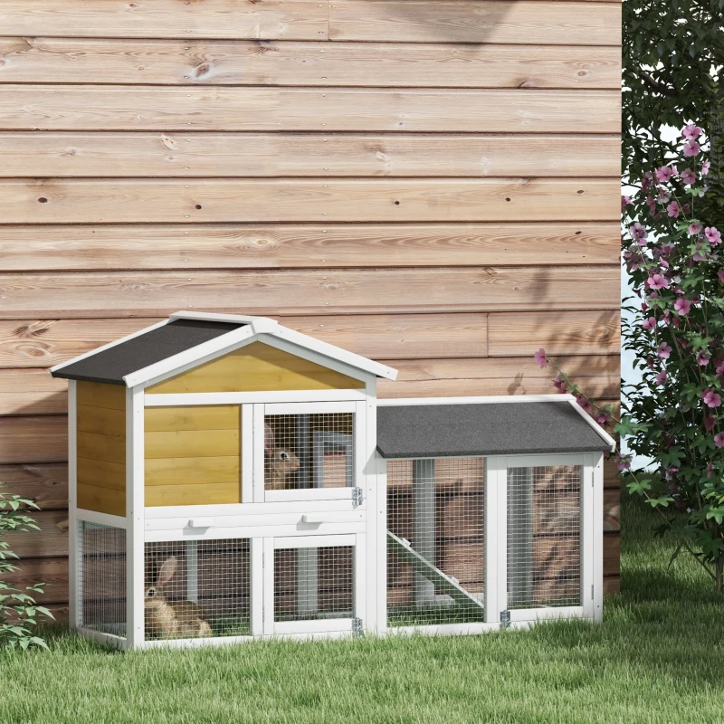 PawHut 58" Wooden Rabbit Hutch with Run, Removable Tray, Asphalt Roof,  Lockable Doors and Ramp, Nature Wood
