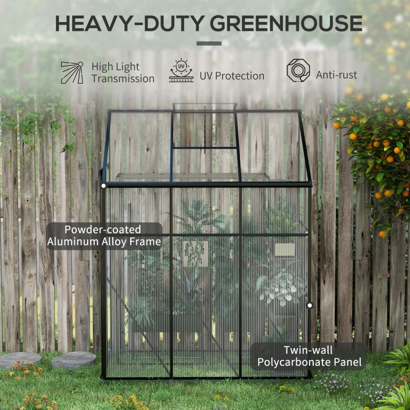 Outsunny 6' x 4' Walk-in Polycarbonate Greenhouse, Lean-to Aluminum Green House with Rain Gutter and Foundation, Black