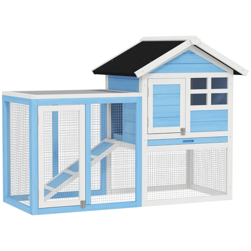 PawHut 48" Wooden Rabbit Hutch With Slant Roof and Run, Light Blue