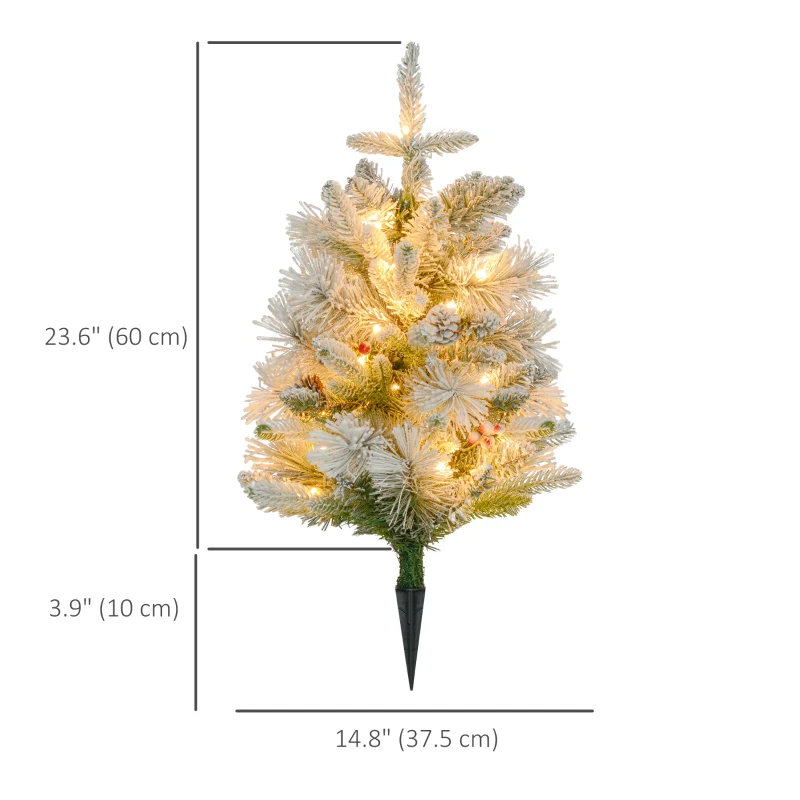 HOMCOM 2 Pieces 2ft Pre Lit Christmas Trees with 60 LED Lights, 172 Tips, Snow Sprayed Tree with Red Berries and Pinecones