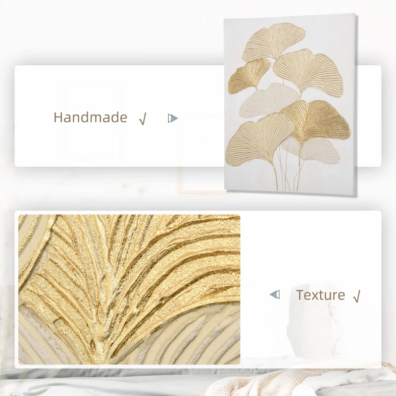 HOMCOM Hand-Painted Canvas Wall Art for Living Room Bedroom, Painting Gold Ginkgo Leaves, 39.25" x 31.5"