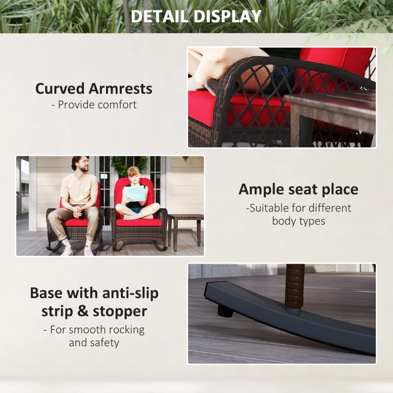 Outsunny Outdoor Wicker Rattan Rocking Chair Set of 2, Patio Rocker with Thick Cushions for Garden Backyard Porch, Red