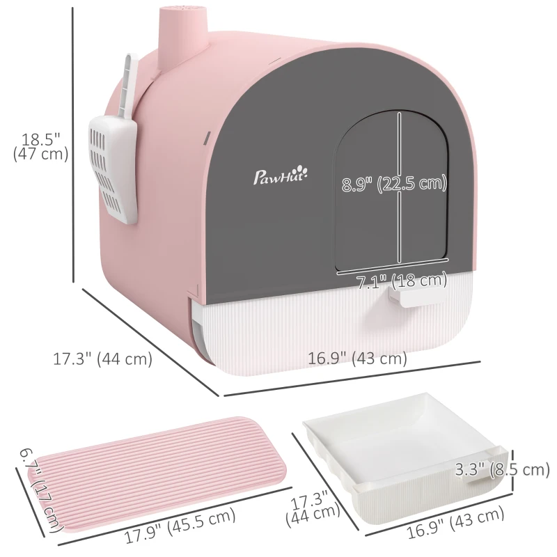 PawHut Cat Litter Box with Lid, Removable Tray, Scoop, Filter, Pink